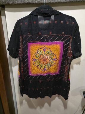 Bohemian Black Short Sleeve Shirt with Vibrant Medallion